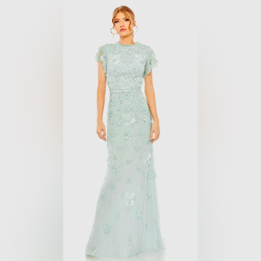 Blue Floral Embellished High Neck Gown by Mac Duggal